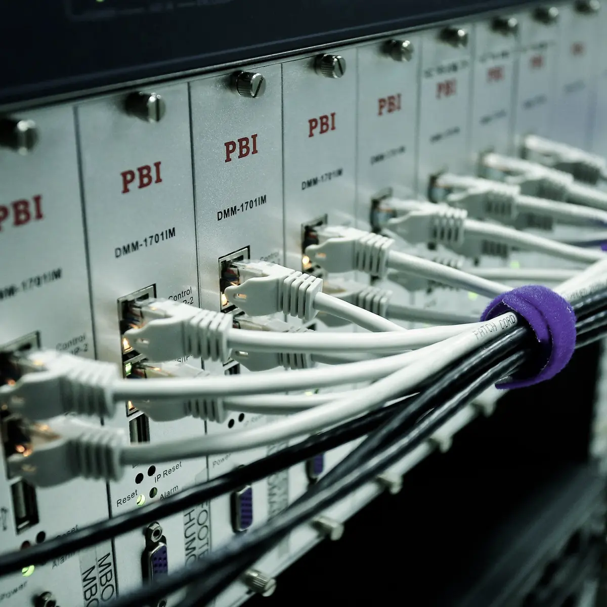Patch cables dressed into a network switch, each one labelled.